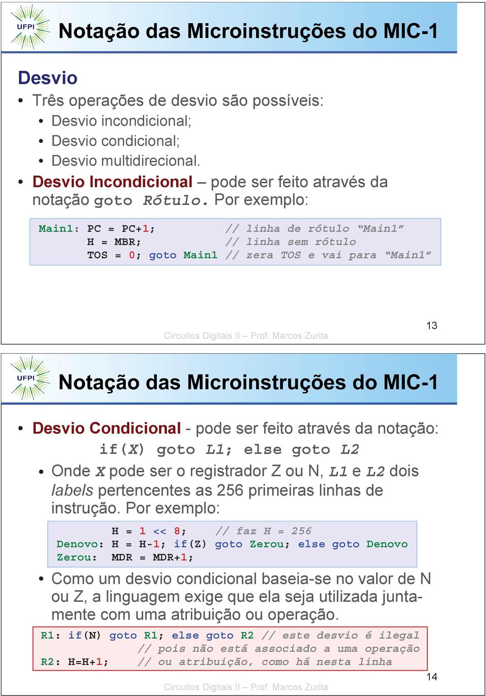 goto L1; else goto L2 Onde X pode ser o registrador Z ou N, L1 e L2 dois labels pertencentes as 256 primeiras linhas de instrução.