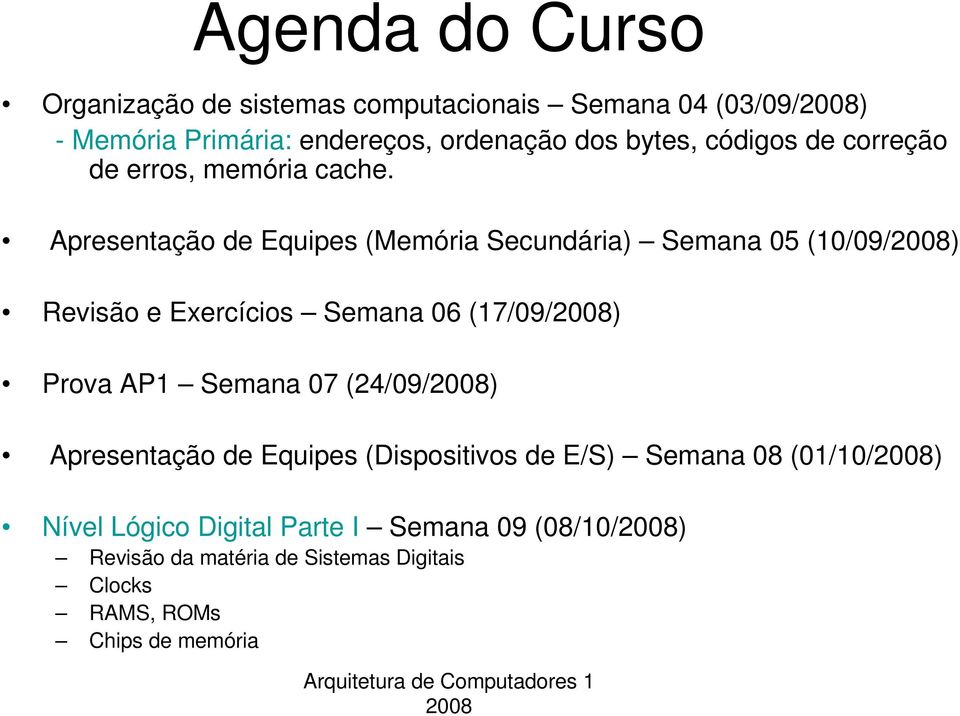 Apresentação de Equipes (Memória Secundária) Semana 05 (10/09/) Revisão e Exercícios Semana 06 (17/09/) Prova AP1 Semana