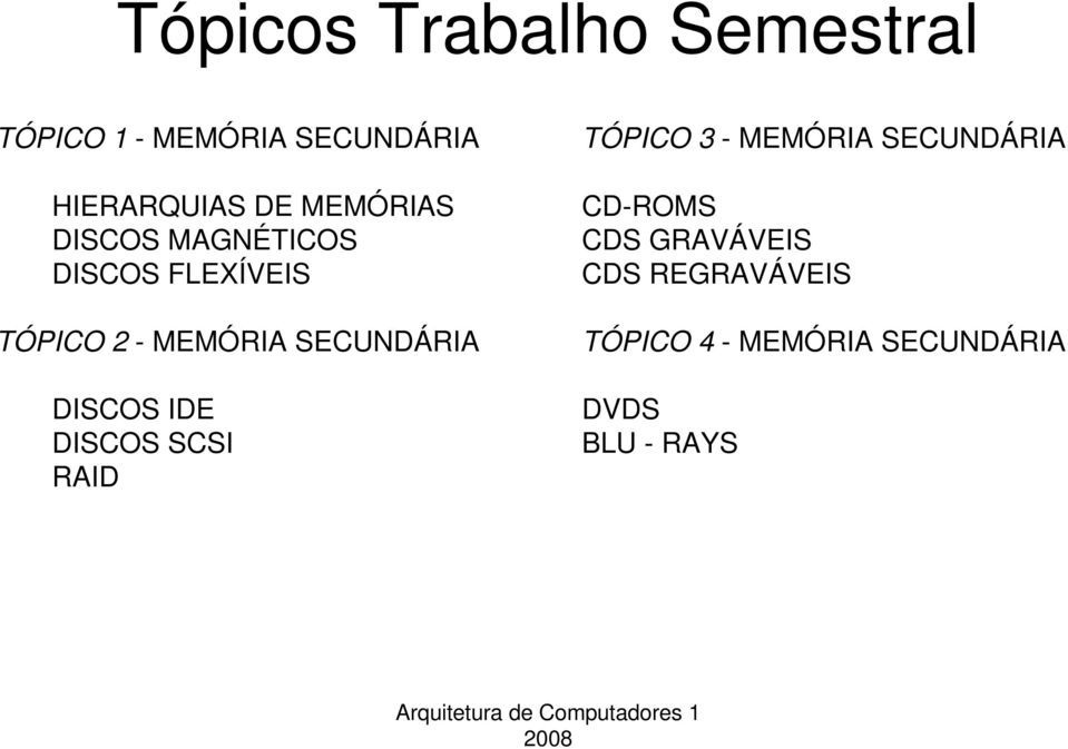 SECUNDÁRIA DISCOS IDE DISCOS SCSI RAID TÓPICO 3 - MEMÓRIA SECUNDÁRIA