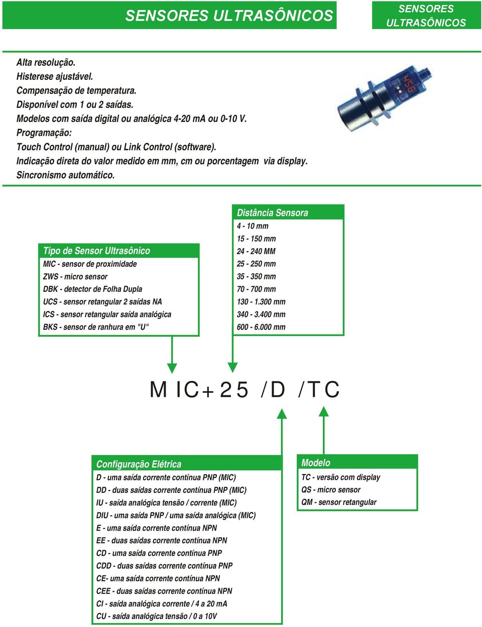 Tipo de Sensor Ultrasônico MIC sensor de proxiidade ZWS icro sensor DBK detector de Folha Dupla UCS sensor retangular saídas NA ICS sensor retangular saída analógica BKS sensor de ranhura e "U"