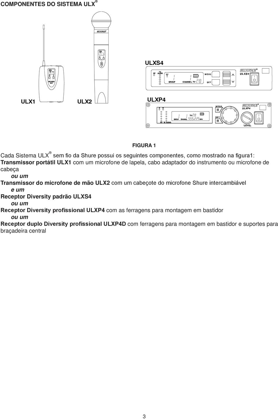 com um cabeçote do microfone Shure intercambiável e um Receptor Diversity padrão ULXS4 ou um Receptor Diversity profissional ULXP4 com as ferragens