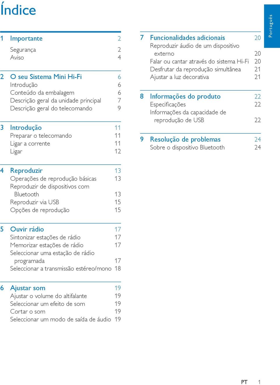 reprodução simultânea 21 Ajustar a luz decorativa 21 8 Informações do produto 22 Especificações 22 Informações da capacidade de reprodução de USB 22 9 Resolução de problemas 24 Sobre o dispositivo