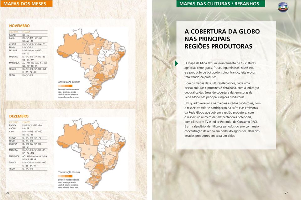 levantamento de 19 culturas agrícolas entre grãos, frutas, leguminosas, raízes etc. e a produção de boi gordo, suíno, frango, leite e ovos, totalizando 24 produtos.