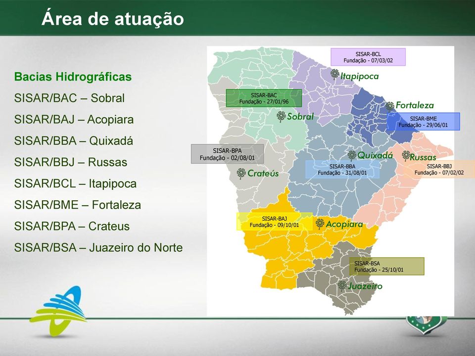 - 27/01/96 Crateús SISAR-BAJ Fundação - 09/10/01 Sobral SISAR-BCL Fundação - 07/03/02 Itapipoca SISAR-BBA Fundação - 31/08/01