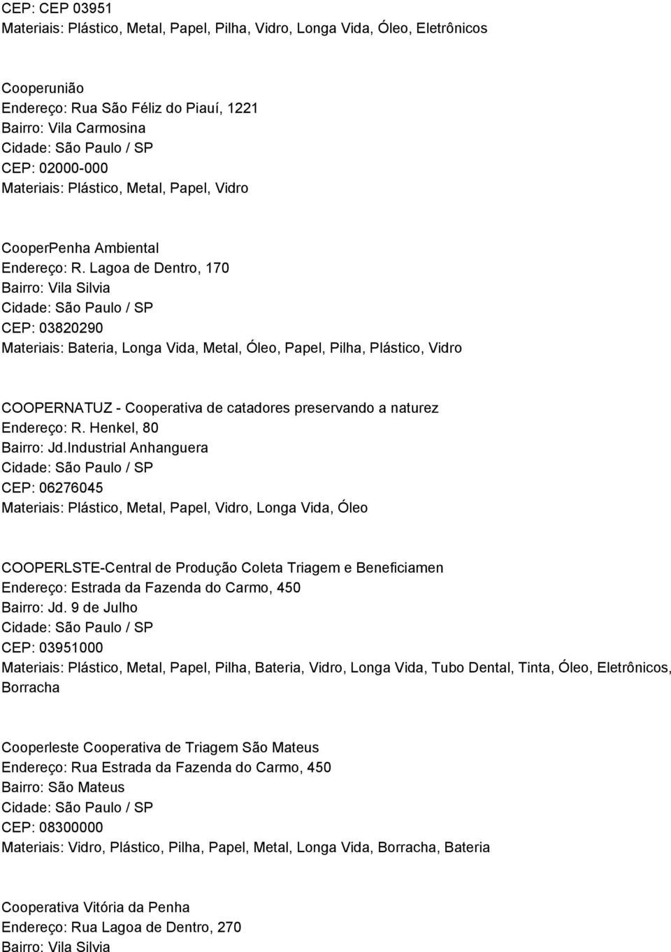 Lagoa de Dentro, 170 Bairro: Vila Silvia 03820290 Materiais: Bateria, Longa Vida, Metal, Óleo, Papel, Pilha, Plástico, Vidro COOPERNATUZ Cooperativa de catadores preservando a naturez Endereço: R.