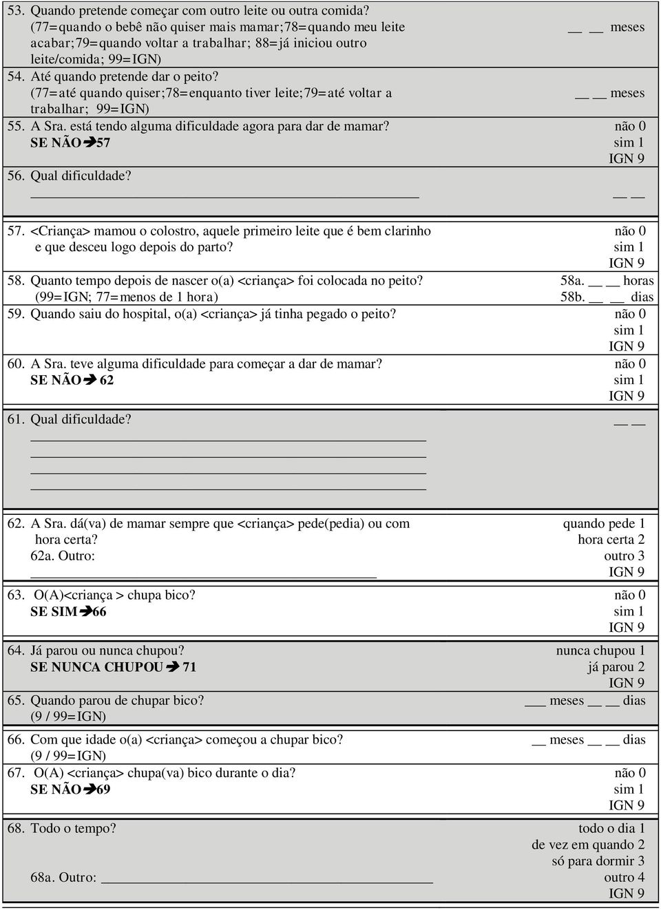 (77=até quando quiser;78=enquanto tiver leite;79=até voltar a trabalhar; 99=IGN) 55. A Sra. está tendo alguma dificuldade agora para dar de mamar? SE NÃO 57 56. Qual dificuldade? meses meses 57.