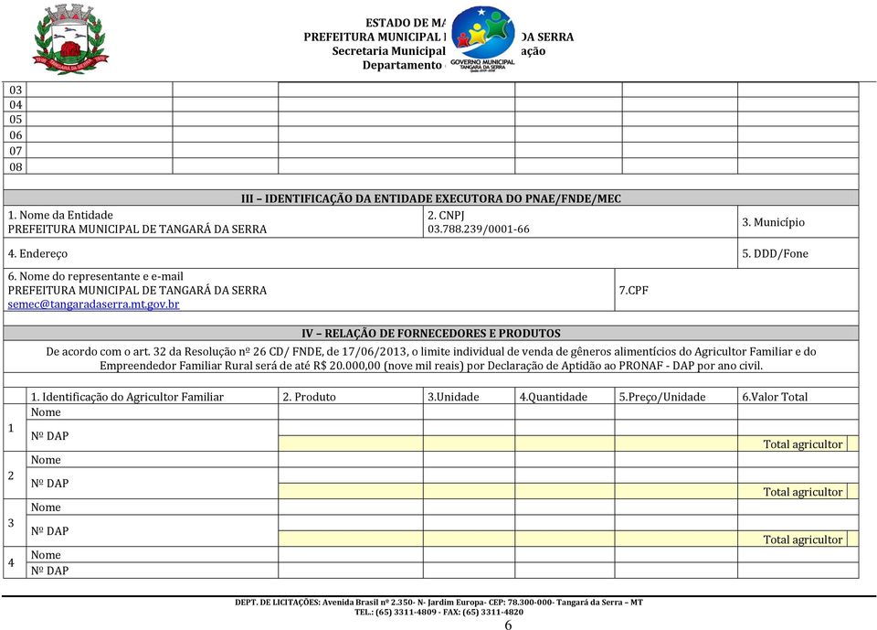 32 da Resolução nº 26 CD/ FNDE, de 17/06/2013, o limite individual de venda de gêneros alimentícios do Agricultor Familiar e do Empreendedor Familiar Rural será de até R$ 20.