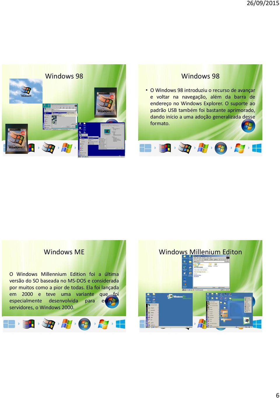 Windows ME Windows Millenium Editon O Windows Millennium Edition foi a última versão do SO baseada no MS-DOS e considerada por