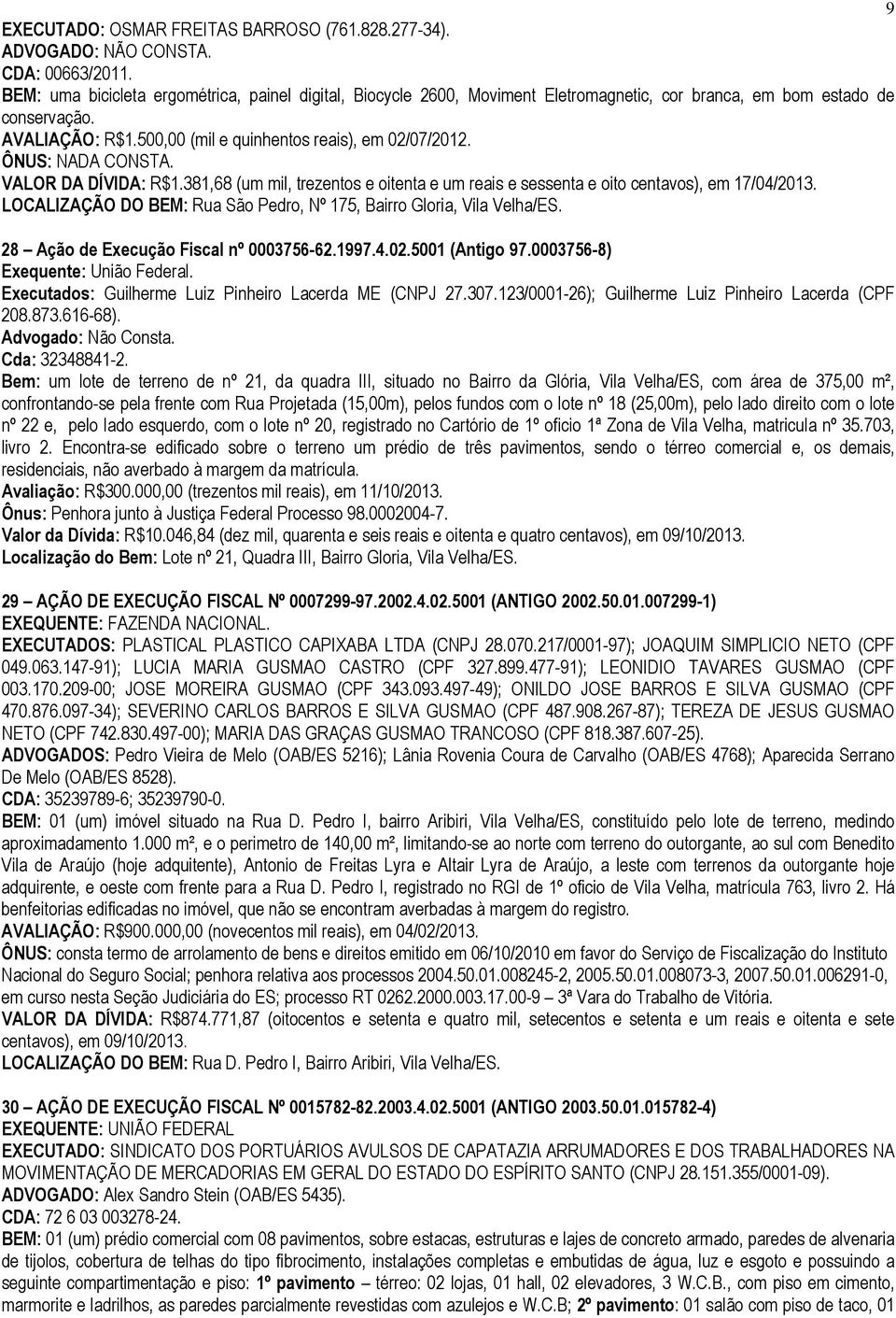 LOCALIZAÇÃO DO BEM: Rua São Pedro, Nº 175, Bairro Gloria, Vila Velha/ES. 28 Ação de Execução Fiscal nº 0003756-62.1997.4.02.5001 (Antigo 97.0003756-8) Exequente: União Federal.