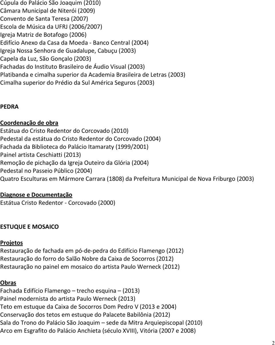 da Academia Brasileira de Letras (2003) Cimalha superior do Prédio da Sul América Seguros (2003) PEDRA Coordenação de obra Estátua do Cristo Redentor do Corcovado (2010) Pedestal da estátua do Cristo