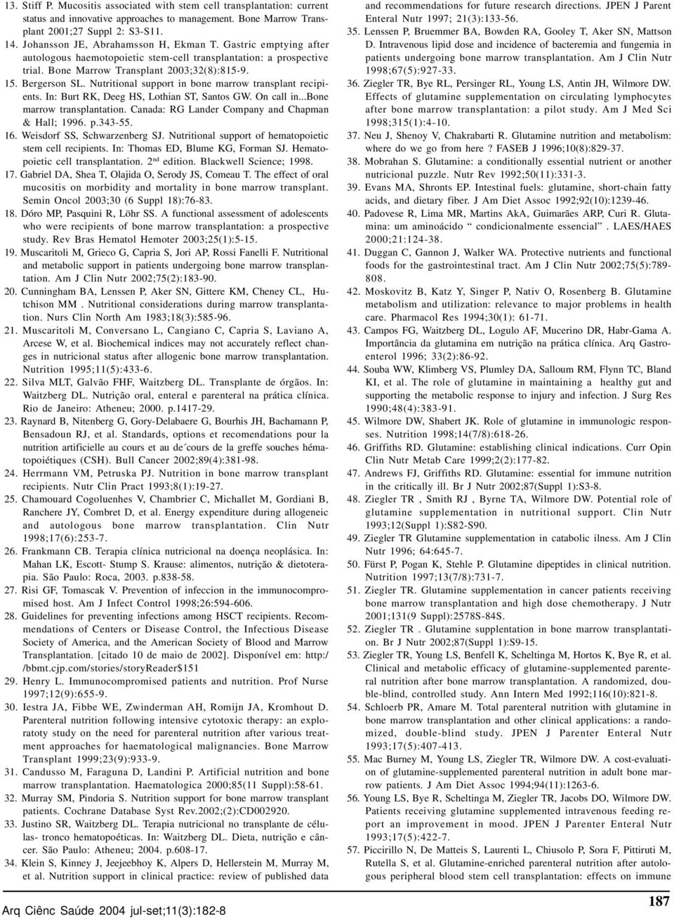 Nutritional support in bone marrow transplant recipients. In: Burt RK, Deeg HS, Lothian ST, Santos GW. On call in...bone marrow transplantation. Canada: RG Lander Company and Chapman & Hall; 1996. p.