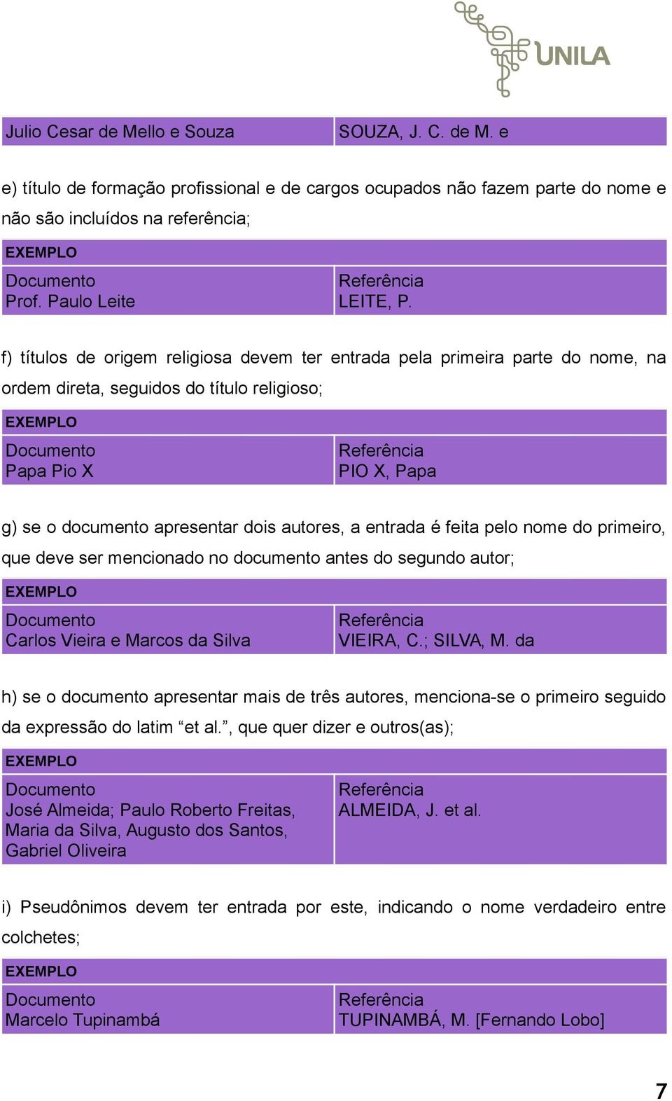 f) títulos de origem religiosa devem ter entrada pela primeira parte do nome, na ordem direta, seguidos do título religioso; Documento Papa Pio X Referência PIO X, Papa g) se o documento apresentar