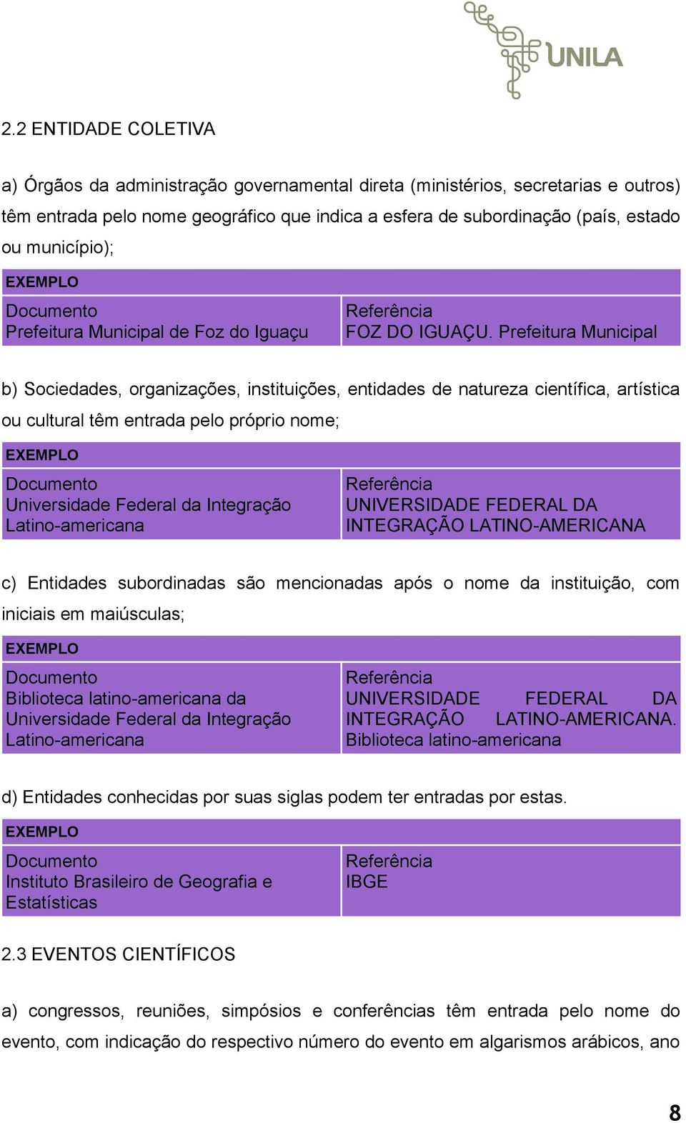 Prefeitura Municipal b) Sociedades, organizações, instituições, entidades de natureza científica, artística ou cultural têm entrada pelo próprio nome; Documento Universidade Federal da Integração