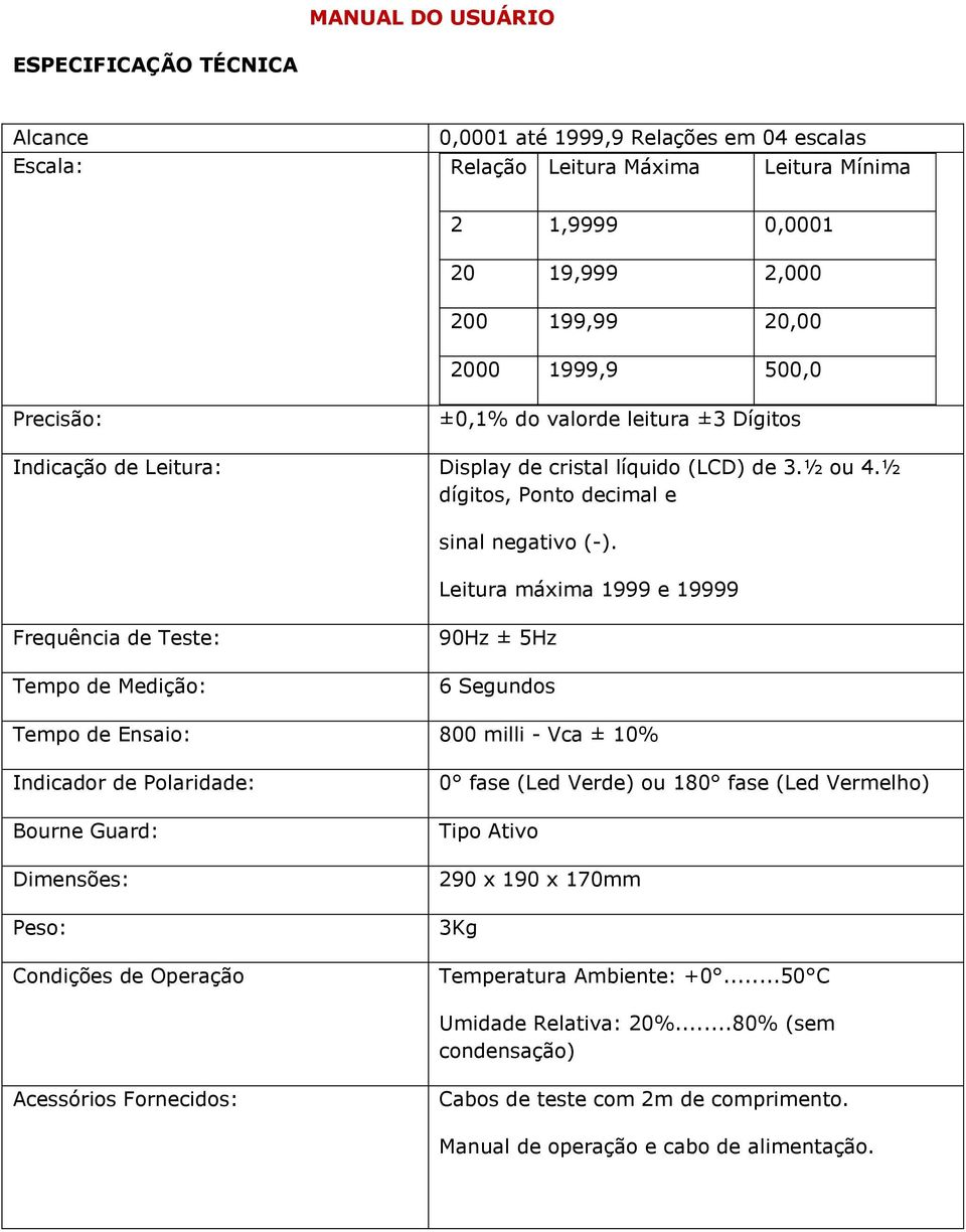 Leitura máxima 1999 e 19999 Frequência de Teste: Tempo de Medição: 90Hz ± 5Hz 6 Segundos Tempo de Ensaio: 800 milli - Vca ± 10% Indicador de Polaridade: Bourne Guard: Dimensões: Peso: Condições de