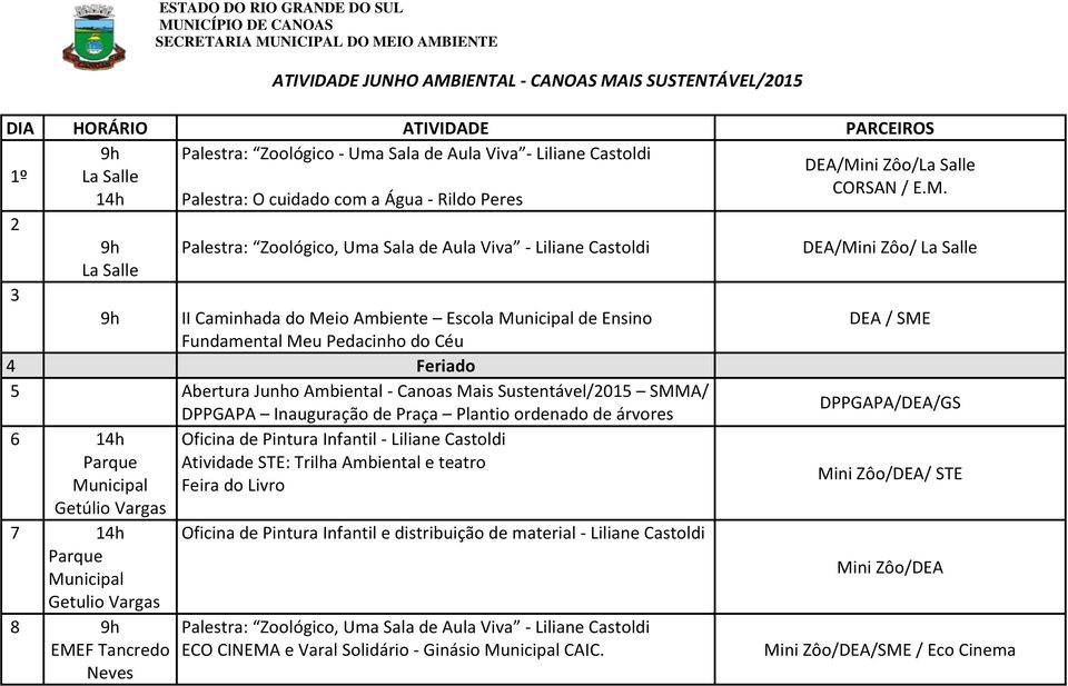 DEA / SME Fundamental Meu Pedacinho do Céu 4 Feriado 5 Abertura Junho Ambiental - Canoas Mais Sustentável/2015 SMMA/ DPPGAPA Inauguração de Praça Plantio ordenado de árvores DPPGAPA/DEA/GS 6 Oficina