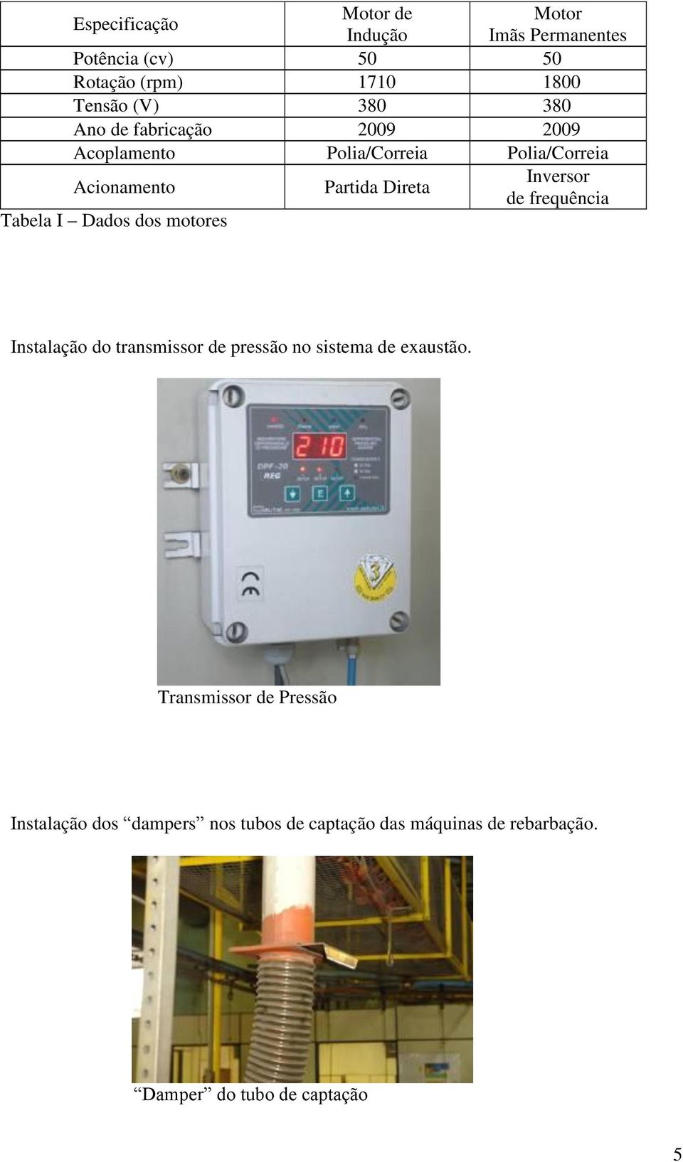 de frequência Tabela I Dados dos motores Instalação do transmissor de pressão no sistema de exaustão.