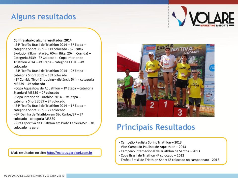 Shopping distância 5km - categoria M3539 4º colocado - Copa Aquashow de Aquathlon 1º Etapa categoria Standard M3539 2º colocado - Copa Interior de Triathlon 2014 3º Etapa categoria Short 3539 8º