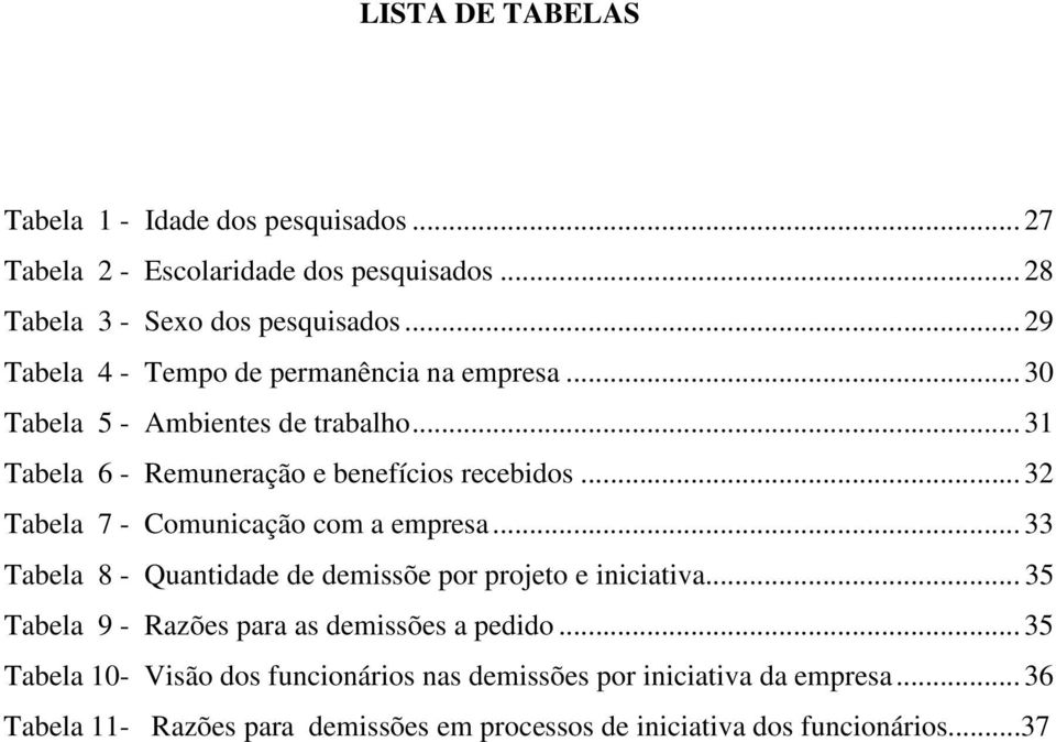 .. 32 Tabela 7 - Comunicação com a empresa... 33 Tabela 8 - Quantidade de demissõe por projeto e iniciativa.