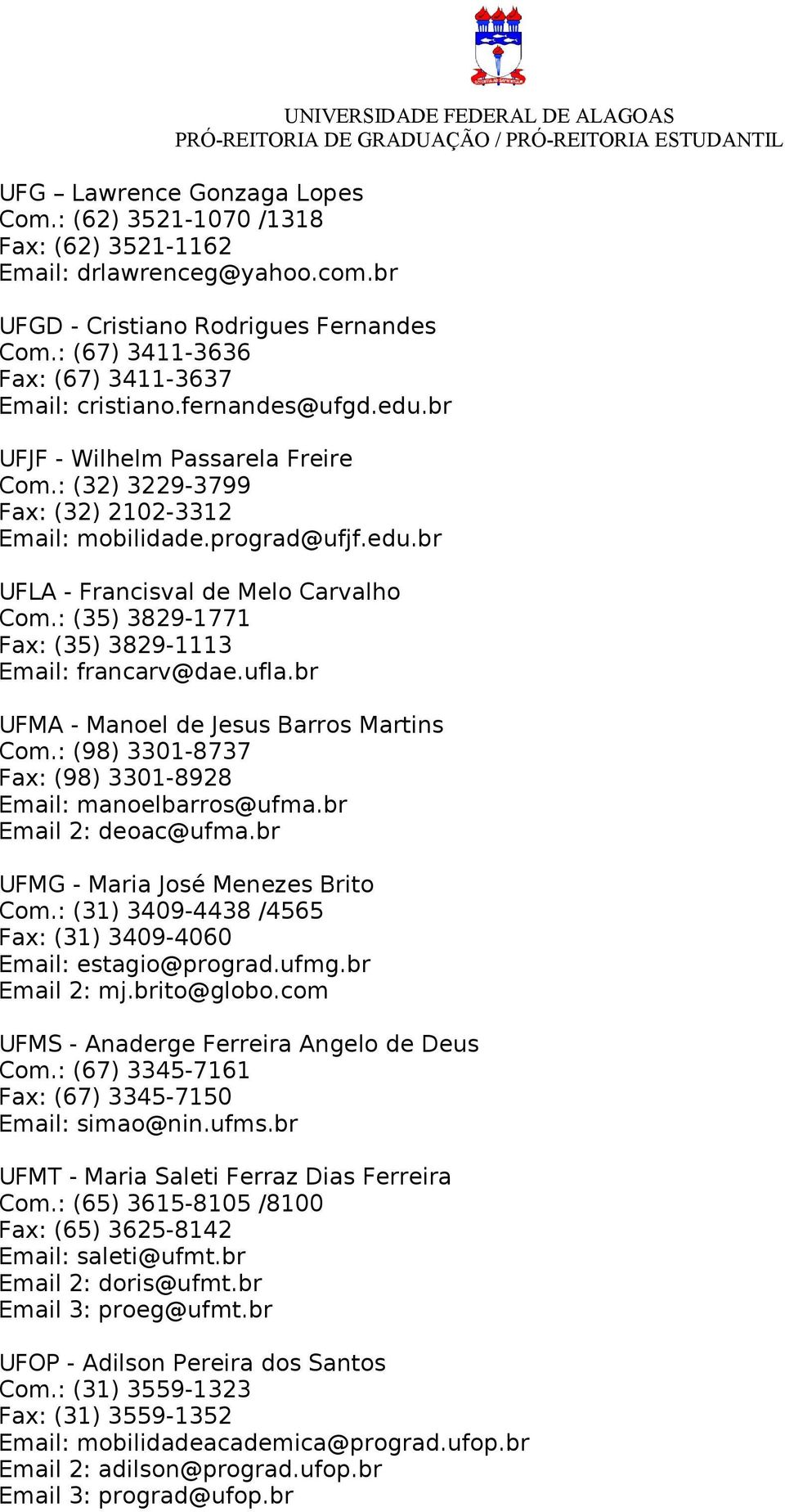 : (35) 3829-1771 Fax: (35) 3829-1113 Email: francarv@dae.ufla.br UFMA - Manoel de Jesus Barros Martins Com.: (98) 3301-8737 Fax: (98) 3301-8928 Email: manoelbarros@ufma.br Email 2: deoac@ufma.