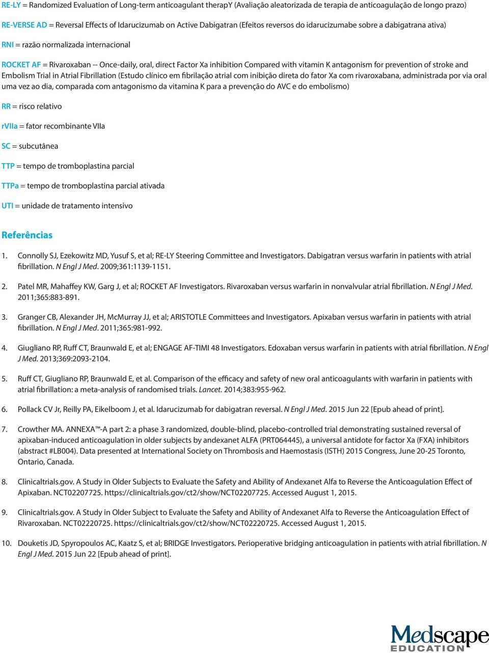 vitamin K antagonism for prevention of stroke and Embolism Trial in Atrial Fibrillation (Estudo clínico em fibrilação atrial com inibição direta do fator Xa com rivaroxabana, administrada por via