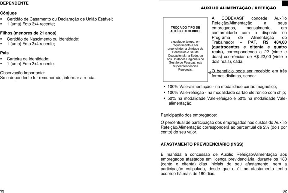 TROCA DO TIPO DE AUXÍLIO RECEBIDO: a qualquer tempo, em requerimento a ser preenchido na Unidade de Benefícios e Saúde Ocupacional, na Sede, ou nos Unidades Regionais de Gestão de Pessoas, nas