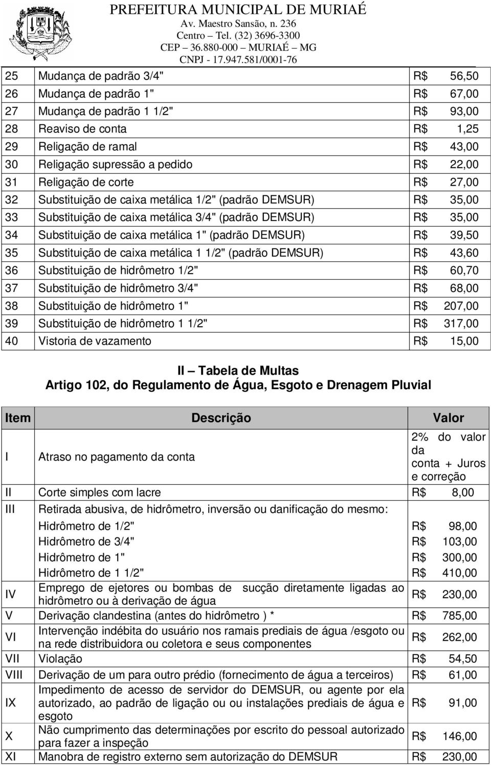 Substituição de caixa metálica 1 1/2" (padrão DEMSUR) 43,60 36 Substituição de hidrômetro 1/2" 60,70 37 Substituição de hidrômetro 3/4" 68,00 38 Substituição de hidrômetro 1" 207,00 39 Substituição