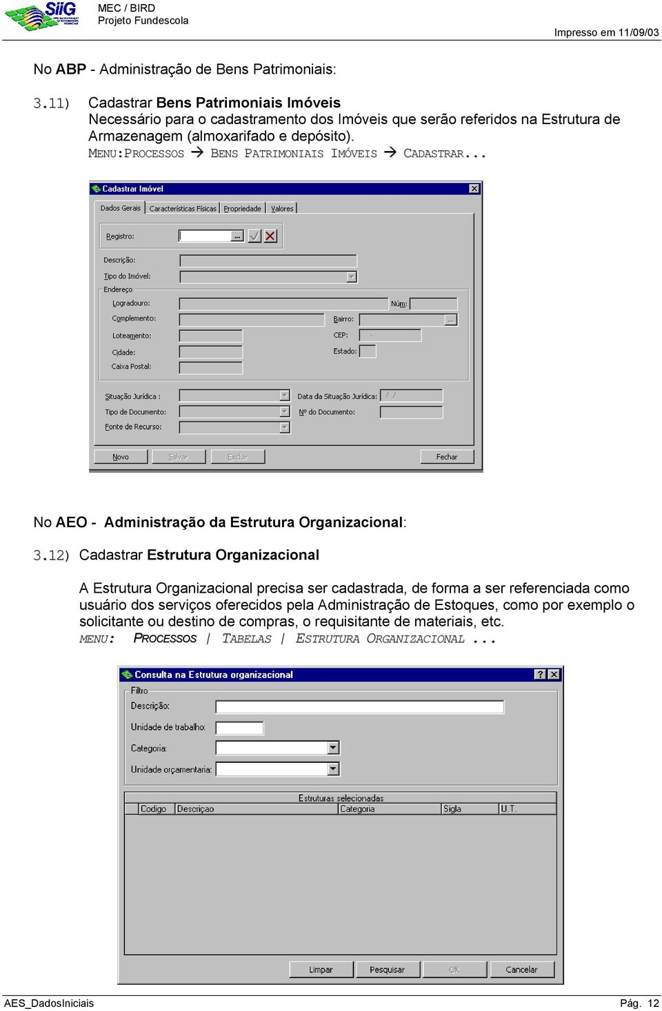 MENU:PROCESSOS BENS PATRIMONIAIS IMÓVEIS CADASTRAR... No AEO - Administração da Estrutura Organizacional: 3.