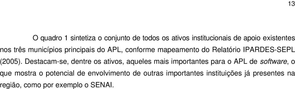 Destacam-se, dentre os ativos, aqueles mais importantes para o APL de software, o que mostra o