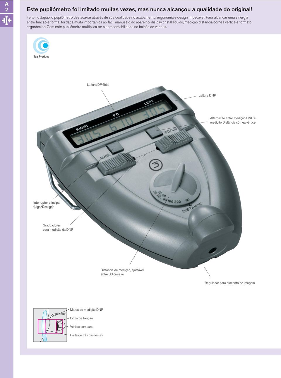 Para alcançar uma sinergia entre função e forma, foi dada muita importânica ao fácil manuseio do aparelho, dislpay cristal líquido, medição distância córnea vertice e formato ergonômico.