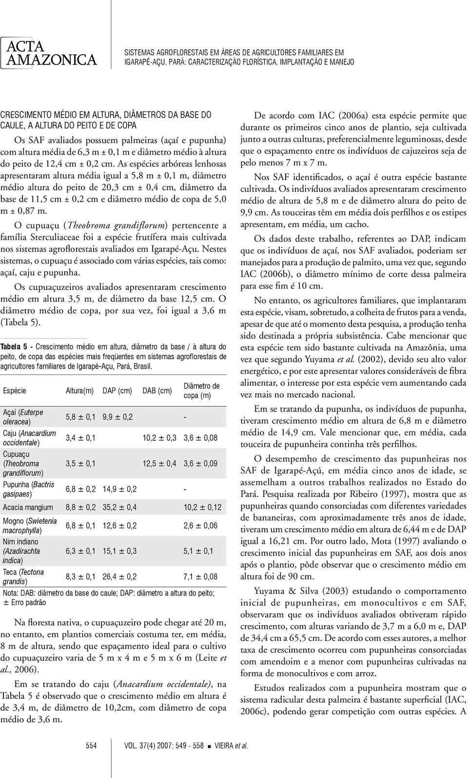 As espécies arbóreas lenhosas apresentaram altura média igual a 5,8 m ± 0,1 m, diâmetro médio altura do peito de 20,3 cm ± 0,4 cm, diâmetro da base de 11,5 cm ± 0,2 cm e diâmetro médio de copa de 5,0