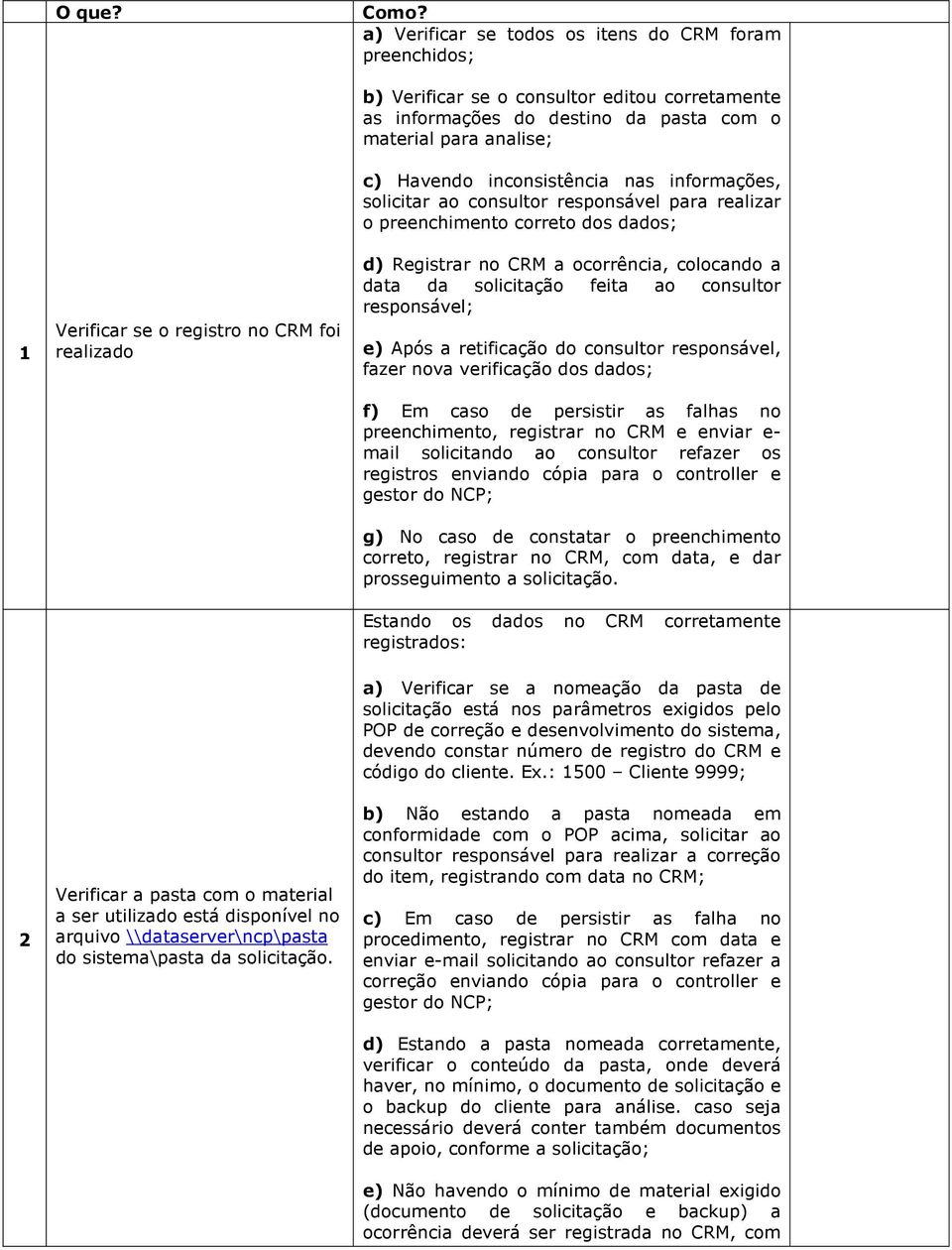 material para analise; c) Havendo inconsistência nas informações, solicitar ao consultor responsável para realizar o preenchimento correto dos dados; d) Registrar no CRM a ocorrência, colocando a