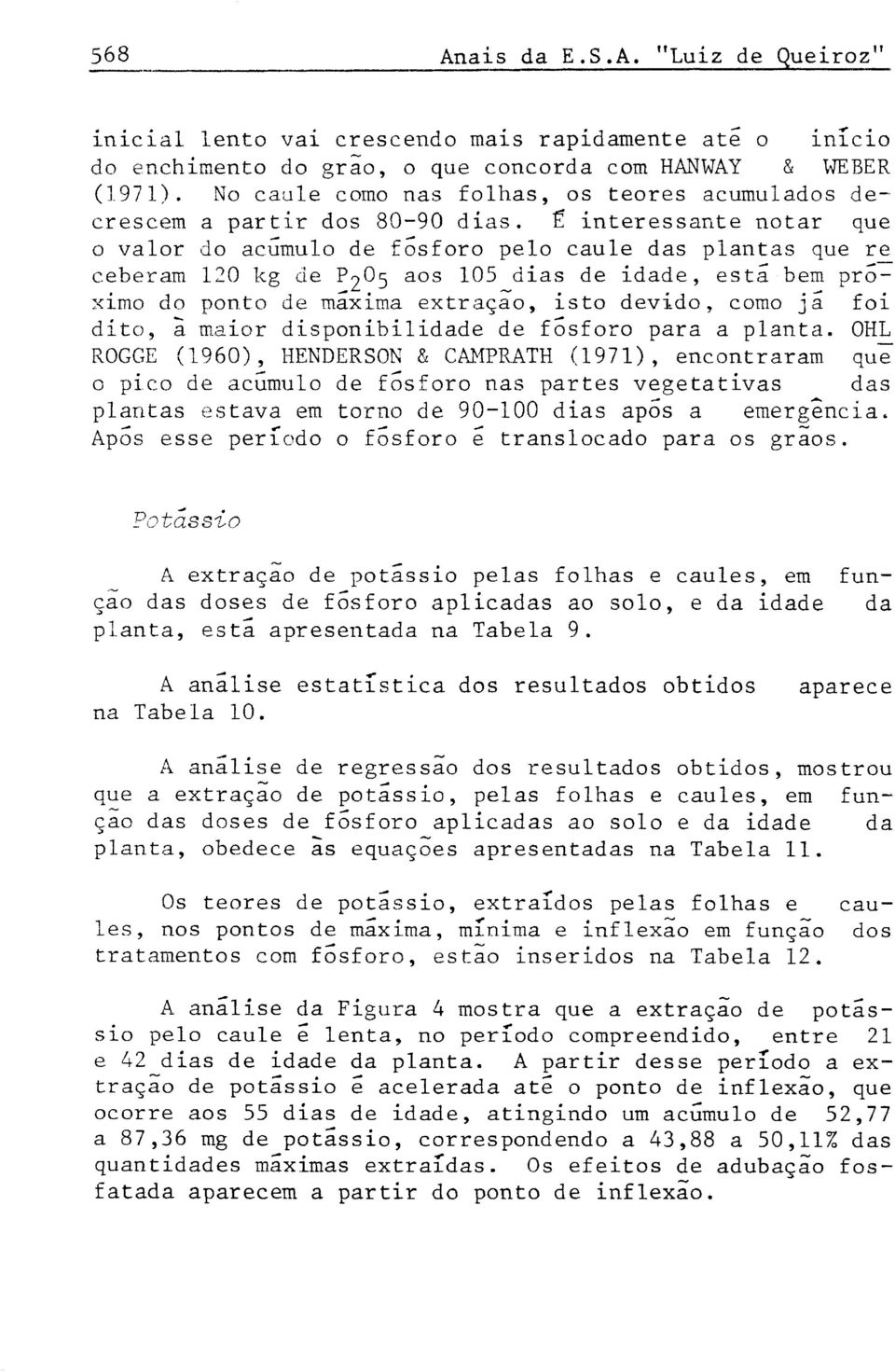 2^5 a o s dias de idade, esta bem proximo do ponto de maxima extração, isto devido, como ja foi dito, à maior disponibilidade de fósforo para a planta.