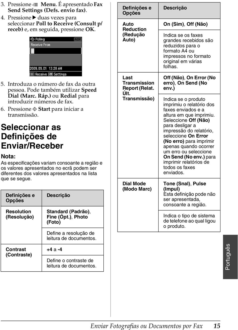 Seleccionar as Definições de Enviar/Receber As especificações variam consoante a região e os valores apresentados no ecrã podem ser diferentes dos valores apresentados na lista que se segue.