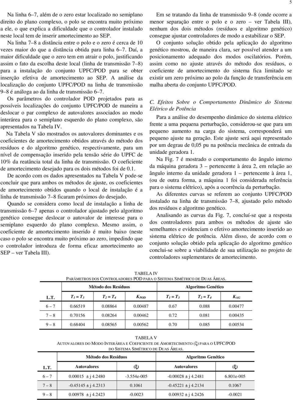 Daí, a maior dificuldade que o zero tem em atrair o polo, justificando assim o fato da escolha deste local (linha de transmissão 7 8) para a instalação do conjunto UPFC/POD para se obter inserção