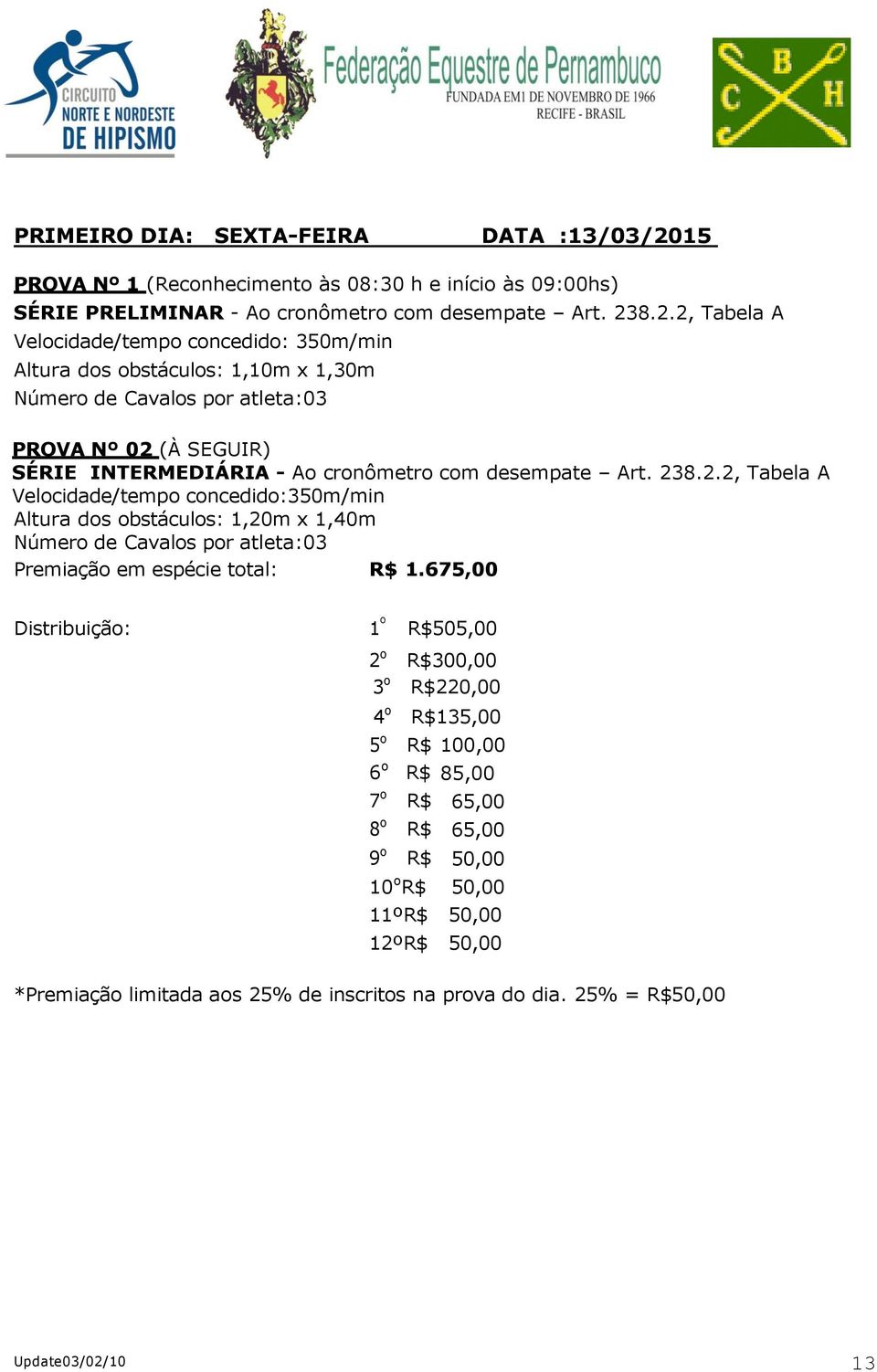 8.2.2, Tabela A Velocidade/tempo concedido: 350m/min Altura dos obstáculos: 1,10m x 1,30m Número de Cavalos por atleta:03 PROVA Nº 02 (À SEGUIR) SÉRIE INTERMEDIÁRIA - Ao cronômetro com