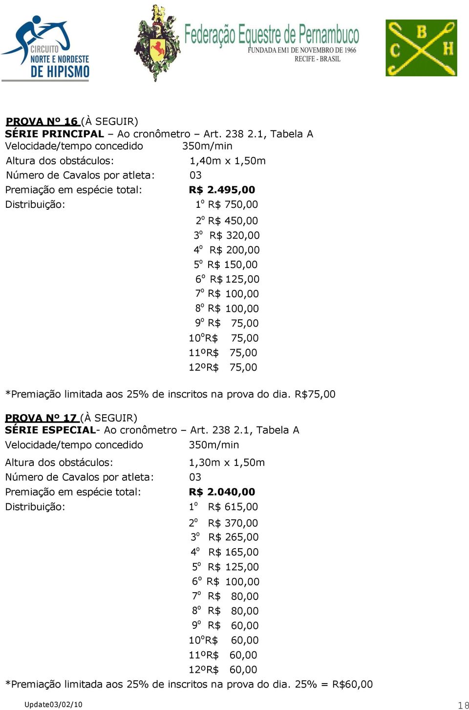 limitada aos 25% de inscritos na prova do dia. R$75,00 PROVA Nº 17 (À SEGUIR) SÉRIE ESPECIAL- Ao cronômetro Art. 238 2.