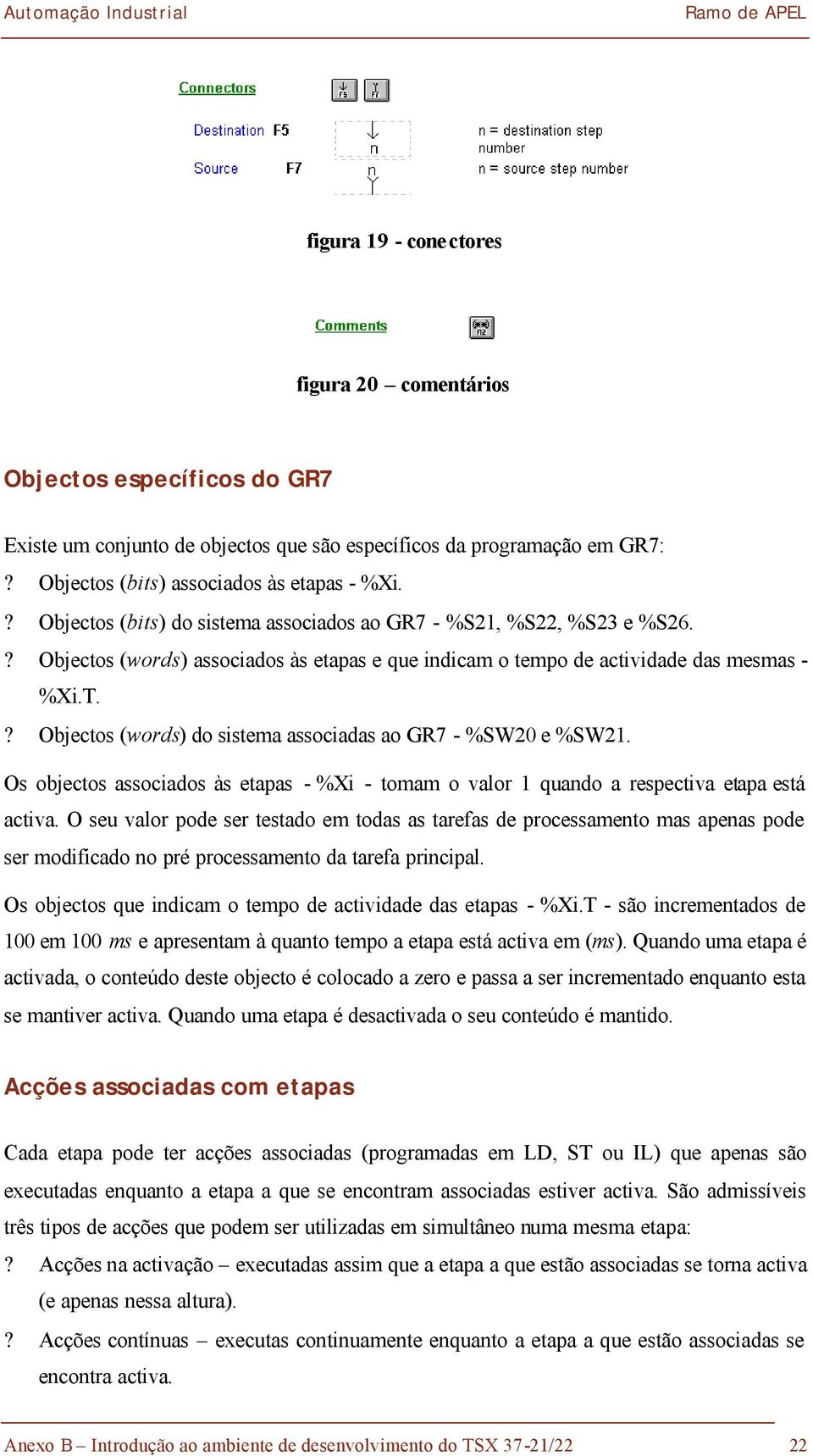 ? Objectos (words) do sistema associadas ao GR7 - %SW20 e %SW21. Os objectos associados às etapas - %Xi - tomam o valor 1 quando a respectiva etapa está activa.