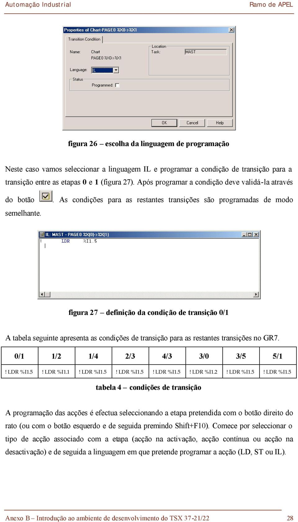 . As condições para as restantes transições são programadas de modo figura 27 definição da condição de transição 0/1 A tabela seguinte apresenta as condições de transição para as restantes transições