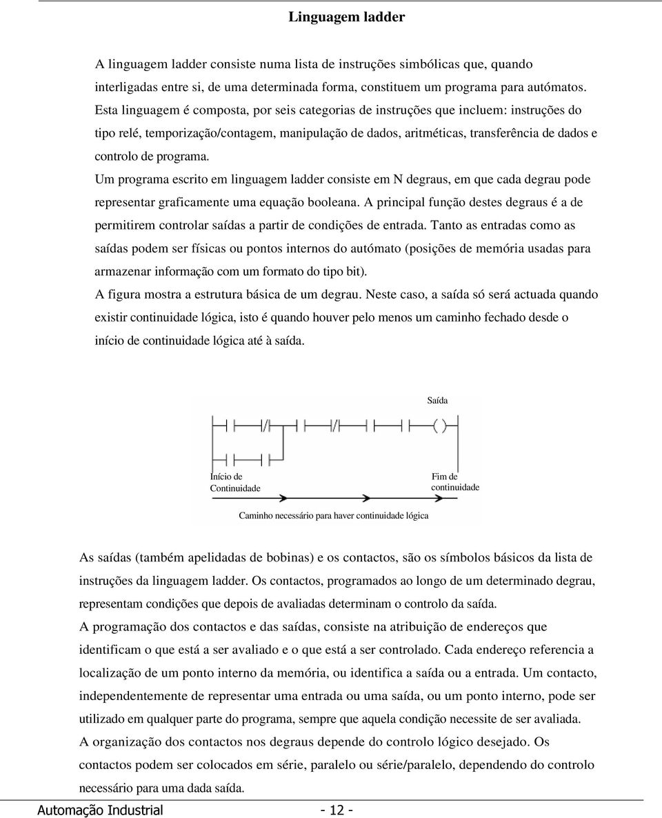 programa. Um programa escrito em linguagem ladder consiste em N degraus, em que cada degrau pode representar graficamente uma equação booleana.