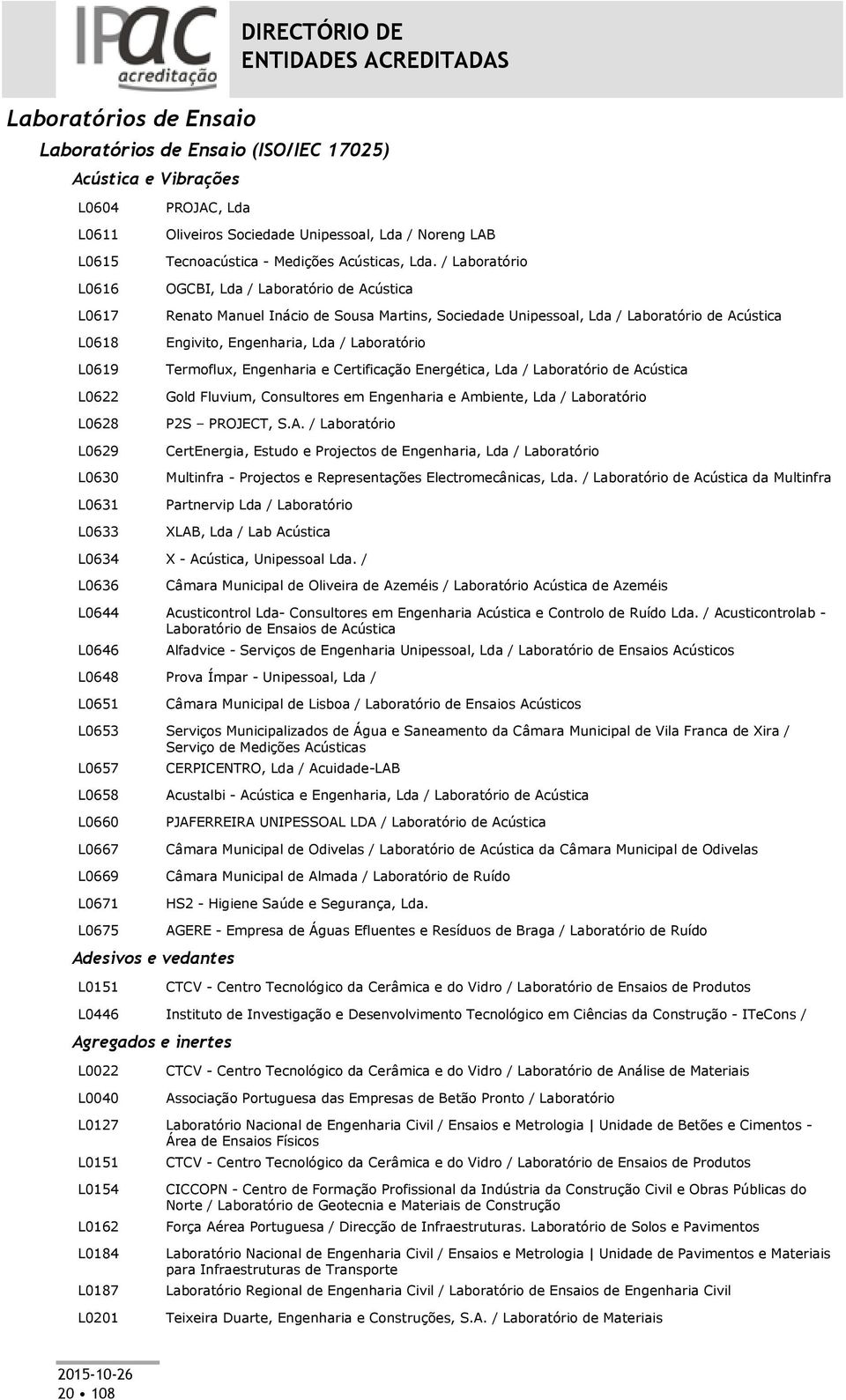 / Laboratório OGCBI, Lda / Laboratório de Acústica Renato Manuel Inácio de Sousa Martins, Sociedade Unipessoal, Lda / Laboratório de Acústica Engivito, Engenharia, Lda / Laboratório Termoflux,