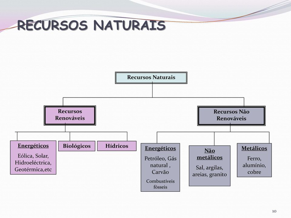 Biológicos Hídricos Energéticos Petróleo, Gás natural, Carvão Combustíveis