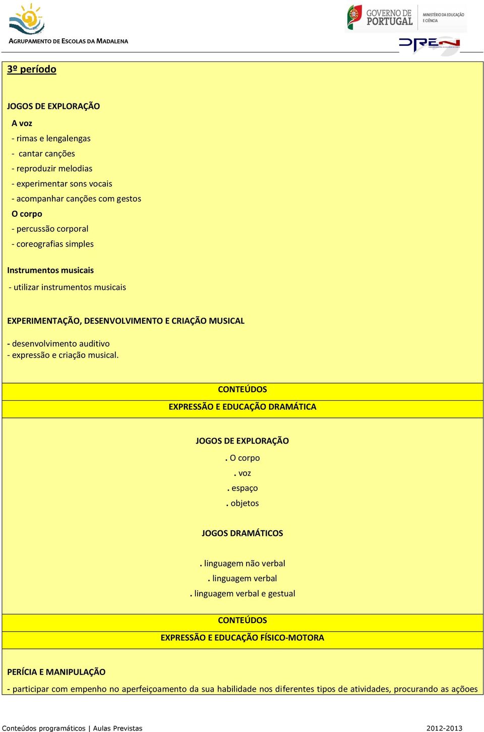 criação musical. EXPRESSÃO E EDUCAÇÃO DRAMÁTICA JOGOS DE EXPLORAÇÃO. O corpo. voz. espaço. objetos JOGOS DRAMÁTICOS. linguagem não verbal. linguagem verbal.