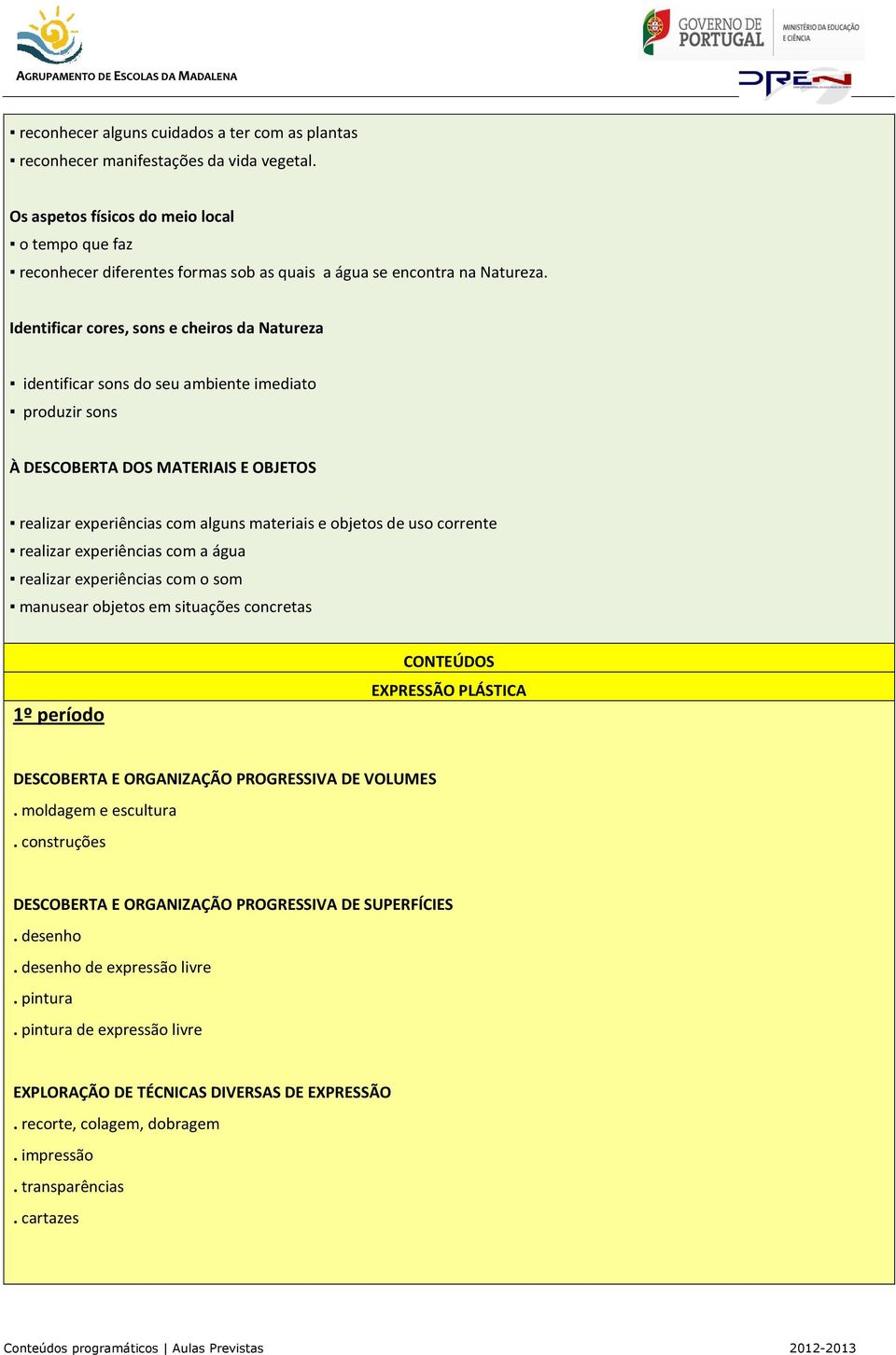 Identificar cores, sons e cheiros da Natureza identificar sons do seu ambiente imediato produzir sons À DESCOBERTA DOS MATERIAIS E OBJETOS realizar experiências com alguns materiais e objetos de uso