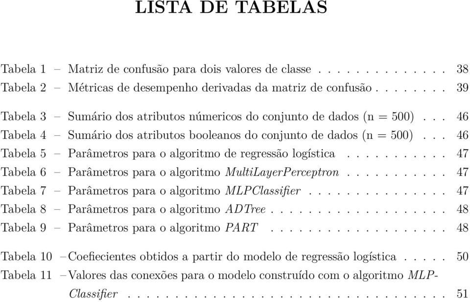 .. 46 Tabela 5 Parâmetros para o algoritmo de regressão logística........... 47 Tabela 6 Parâmetros para o algoritmo MultiLayerPerceptron........... 47 Tabela 7 Parâmetros para o algoritmo MLPClassifier.