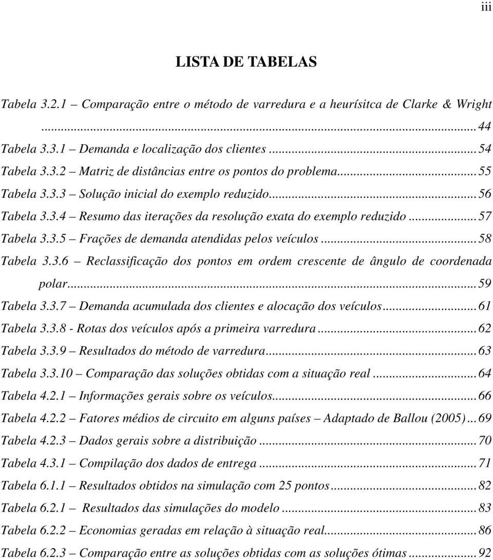 .. 58 Tabela 3.3.6 Reclassificação dos pontos em ordem crescente de ângulo de coordenada polar... 59 Tabela 3.3.7 Demanda acumulada dos clientes e alocação dos veículos... 6 Tabela 3.3.8 - Rotas dos veículos após a primeira varredura.