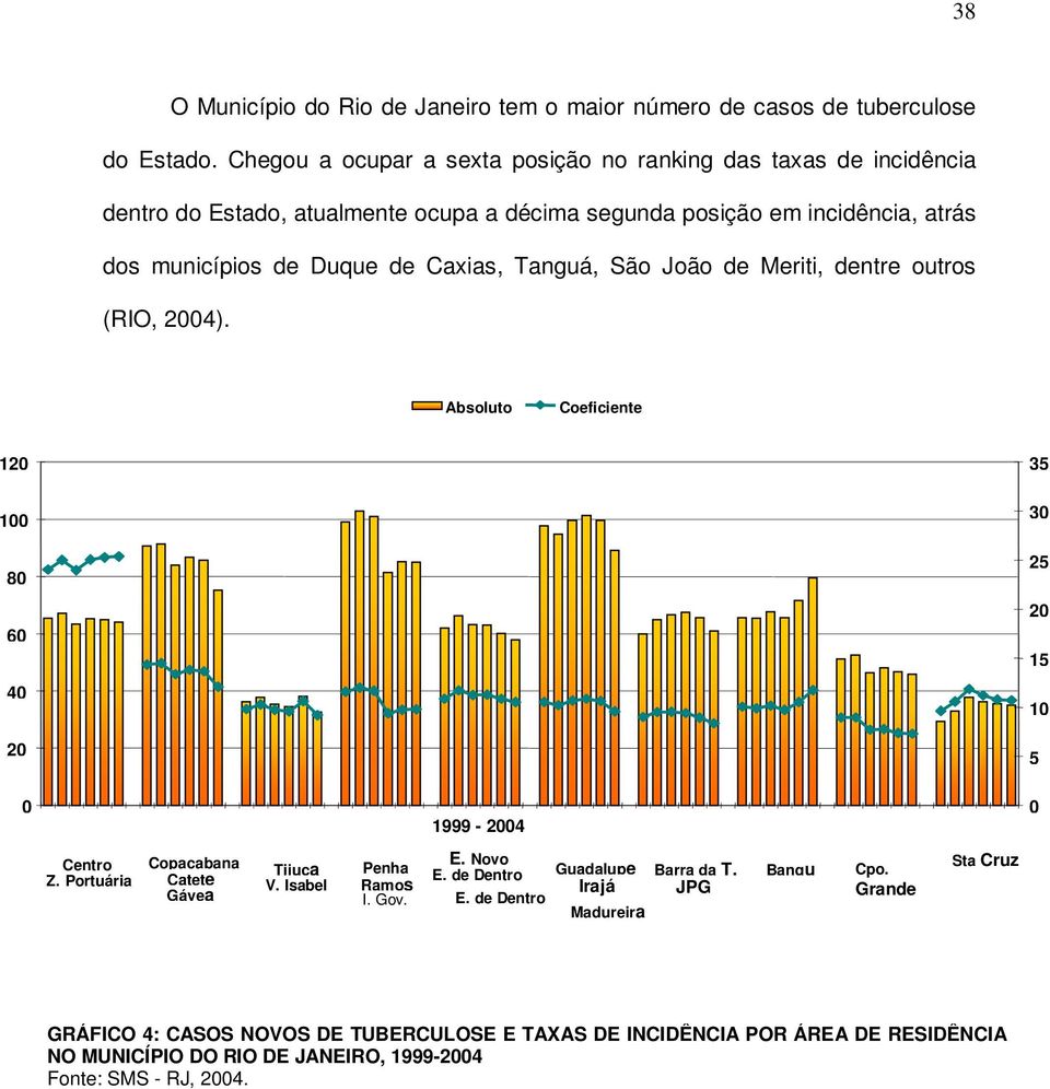 Tanguá, São João de Meriti, dentre outros (RIO, 2004). Absoluto Coeficiente 120 35 100 30 80 25 60 20 15 40 10 20 5 0 1999-2004 0 Centro Copacabana Z. Portuária Catete Gávea Tijuca V.