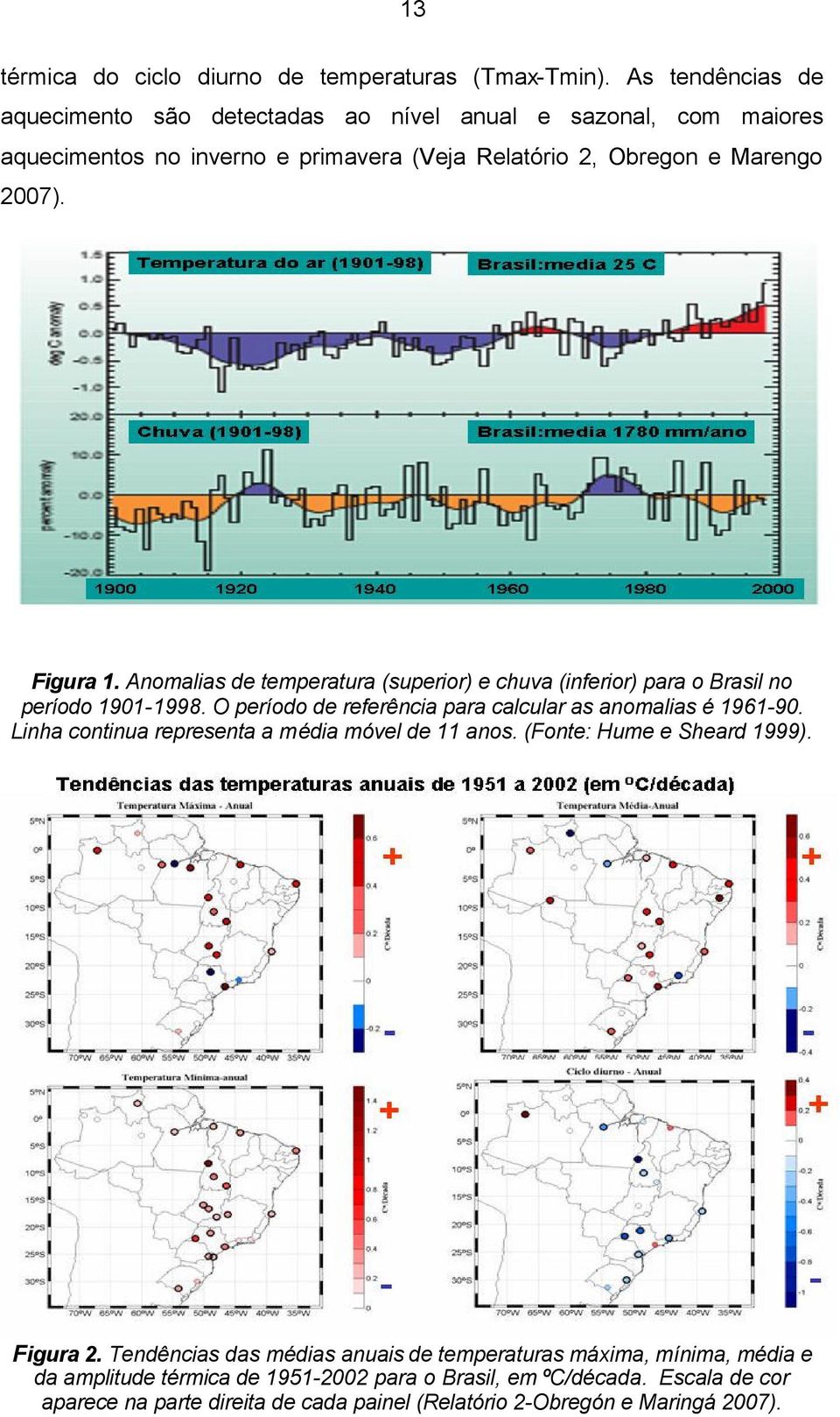 Anomalias de temperatura (superior) e chuva (inferior) para o Brasil no período 1901-1998. O período de referência para calcular as anomalias é 1961-90.