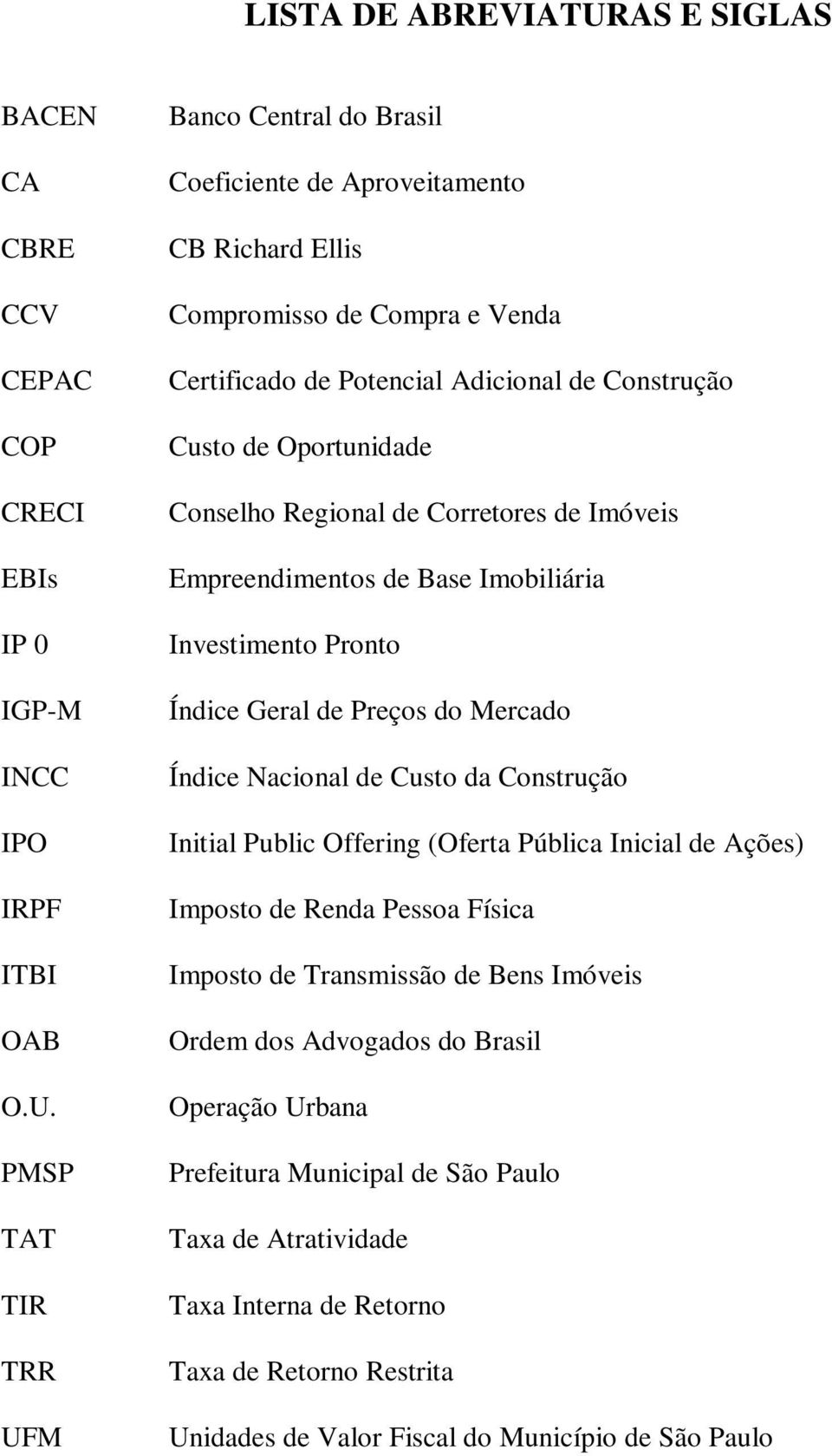 PMSP TAT TIR TRR UFM Banco Central do Brasil Coeficiente de Aproveitamento CB Richard Ellis Compromisso de Compra e Venda Certificado de Potencial Adicional de Construção Custo de Oportunidade