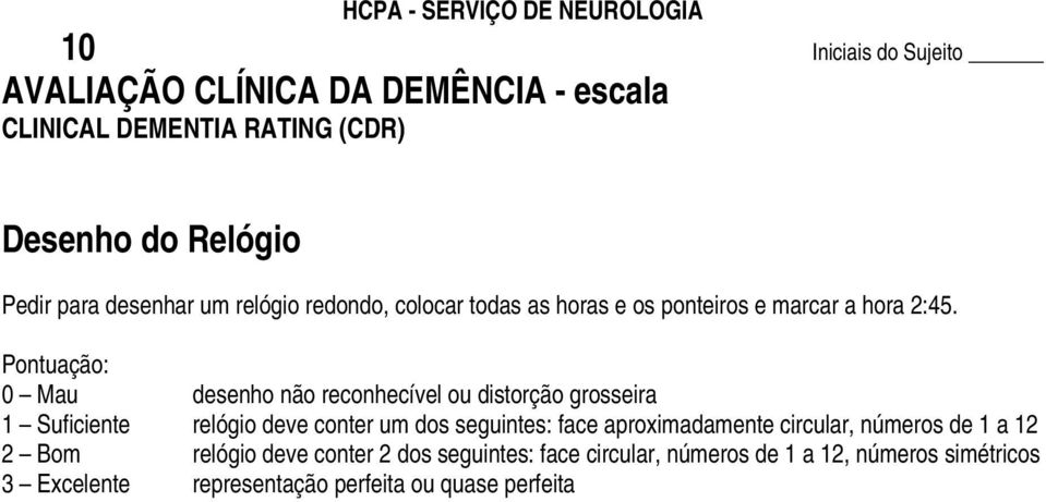 Pontuação: 0 Mau desenho não reconhecível ou distorção grosseira 1 Suficiente relógio deve conter um dos seguintes: face