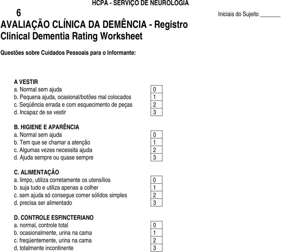 Algumas vezes necessita ajuda 2 d. Ajuda sempre ou quase sempre 3 C. ALIMENTAÇÃO a. limpo, utiliza corretamente os utensílios 0 b. suja tudo e utiliza apenas a colher 1 c.